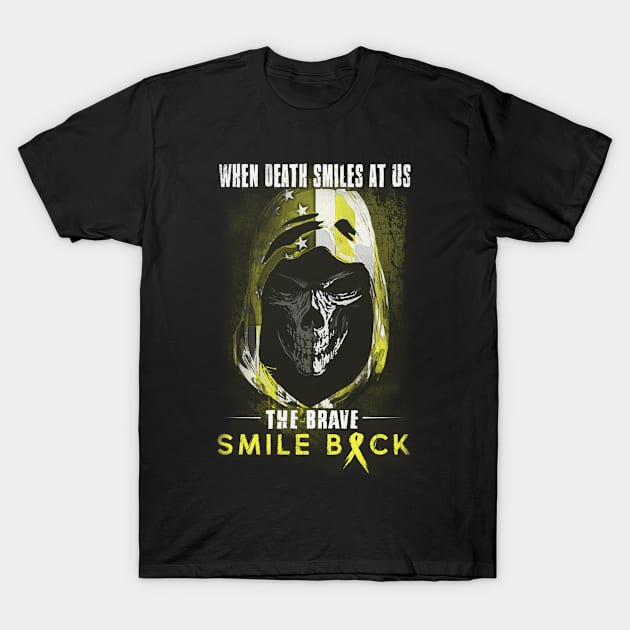 When Death Smiles At Us The Brave Smile Back Testicular Cancer Awareness Peach Ribbon Warrior T-Shirt by celsaclaudio506